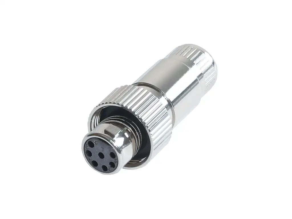 Newtide MXR5222-7P 7-pole MINI XLR female cable connector with nickel metal cap, sealing gasket for IP67 waterproof connection, metal shell.