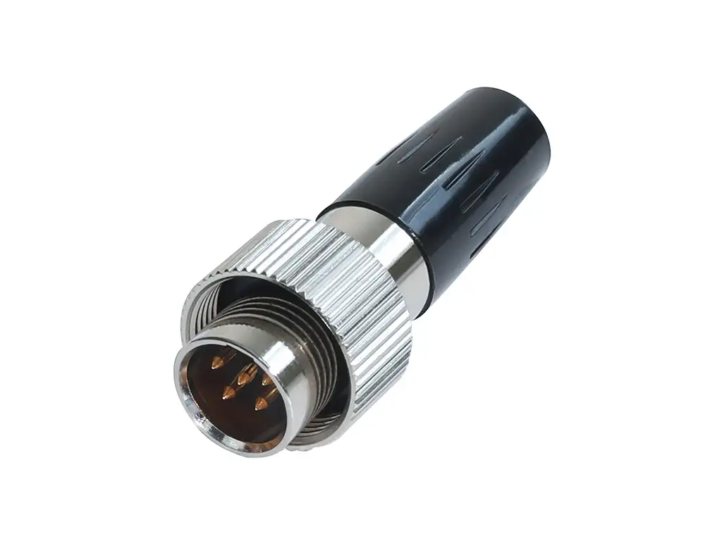 Newtide MXR5271-5P 5-pole MINI XLR male cable connector with plastic cap, sealing gasket for IP67 waterproof connection, metal shell.