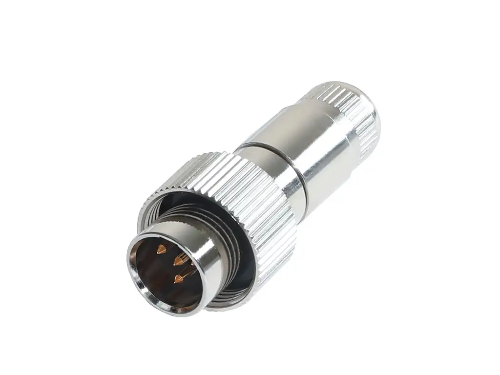 Newtide MXR5272-4P 4-pole MINI XLR male cable connector with nickel metal cap, sealing gasket for IP67 waterproof connection, metal shell.