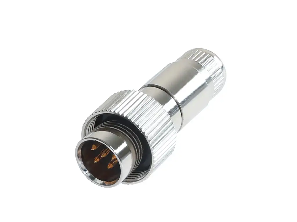 Newtide MXR5272-5P 5-pole MINI XLR male cable connector with nickel metal cap, sealing gasket for IP67 waterproof connection, metal shell.