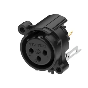 Newtide XRA0374-3P-0 3-pole XLR female chassis connector with retention spring (no latch), vertical PCB mount, thermoplastic housing.