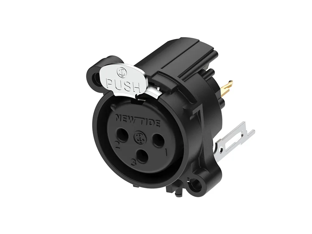 Newtide XRA0374-3P 3-pole XLR female chassis connector with push locking latch, vertical PCB mount , thermoplastic housing.
