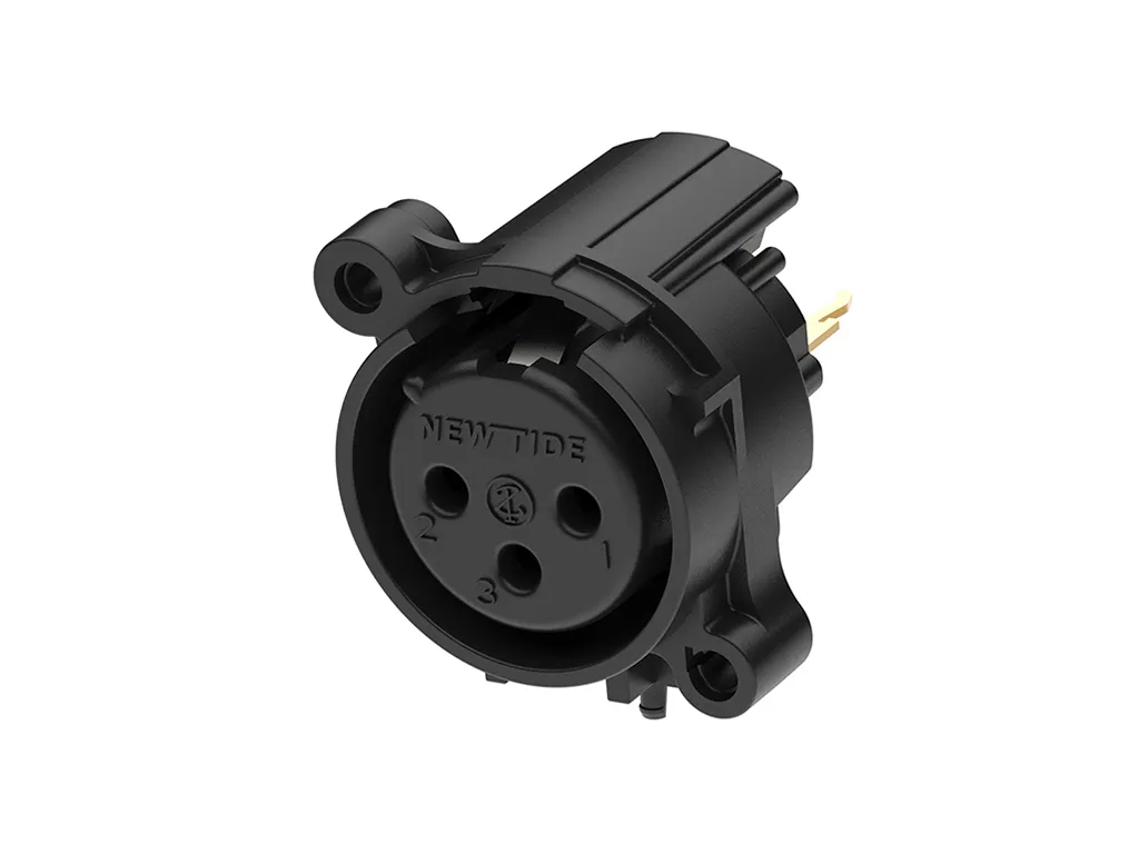 Newtide XRA0374-3P0-0 3-pole XLR female chassis connector with retention spring (no latch), vertical PCB mount, thermoplastic housing.