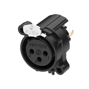 Newtide XRA0374-3P0 3-pole XLR female chassis connector with push locking latch, vertical PCB mount , thermoplastic housing.