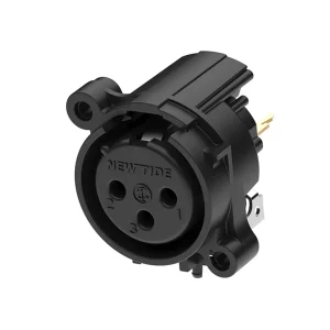 Newtide XRA0374-3P1-0 3-pole XLR female chassis connector with retention spring (no latch), vertical PCB mount, thermoplastic housing.