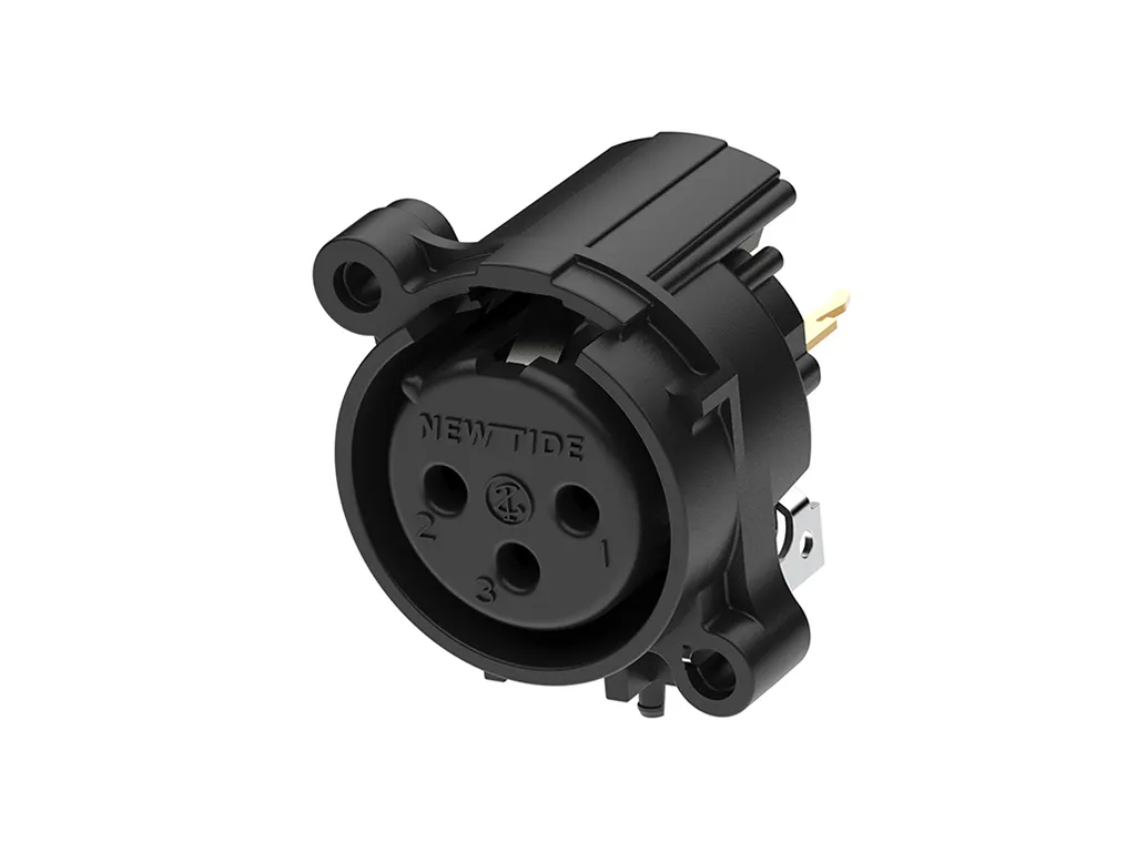 Newtide XRA0374-3P1-0 3-pole XLR female chassis connector with retention spring (no latch), vertical PCB mount, thermoplastic housing.