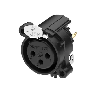 Newtide XRA0374-3P1 3-pole XLR female chassis connector with push locking latch, vertical PCB mount , thermoplastic housing.