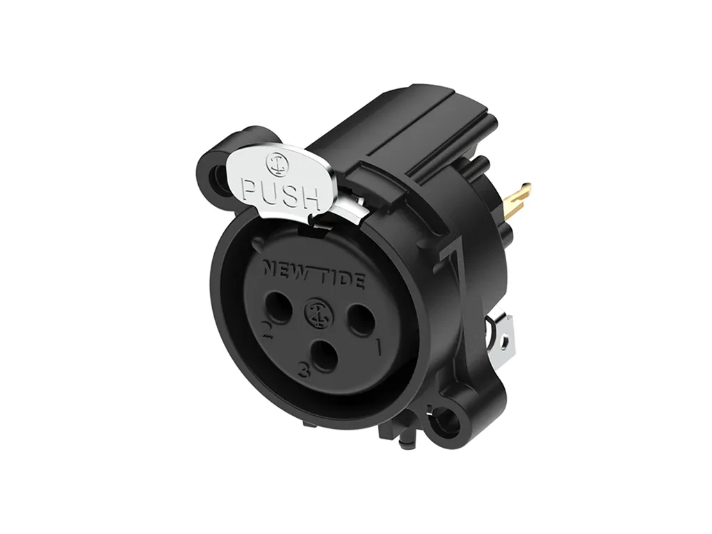 Newtide XRA0374-3P1 3-pole XLR female chassis connector with push locking latch, vertical PCB mount , thermoplastic housing.