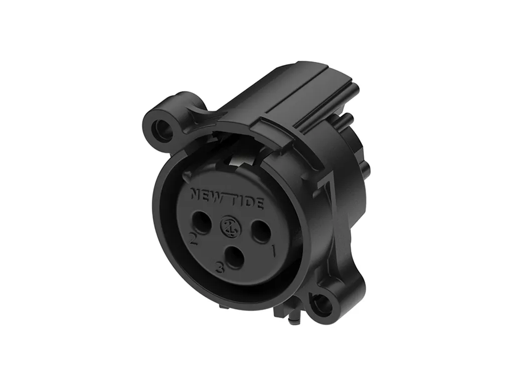Newtide XRA0375-3P0-0 3-pole XLR female chassis connector with retention spring (no latch) , horizontal PCB mount (90 degree), thermoplastic housing.