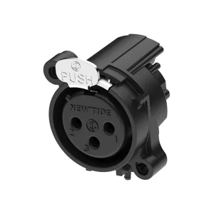 Newtide XRA0375-3P0 3-pole XLR female chassis connector with push locking latch, horizontal PCB mount (90 degree), thermoplastic housing.