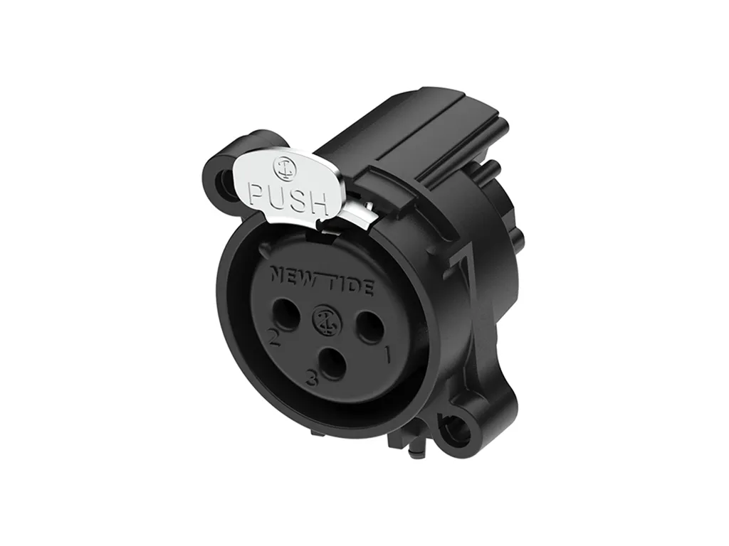 Newtide XRA0375-3P0 3-pole XLR female chassis connector with push locking latch, horizontal PCB mount (90 degree), thermoplastic housing.
