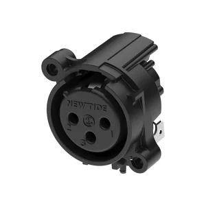 Newtide XRA0375-3P1-0 3-pole XLR female chassis connector with retention spring (no latch) , horizontal PCB mount (90 degree), thermoplastic housing.
