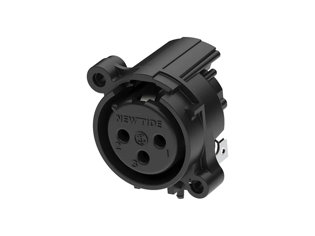 Newtide XRA0375-3P1-0 3-pole XLR female chassis connector with retention spring (no latch) , horizontal PCB mount (90 degree), thermoplastic housing.