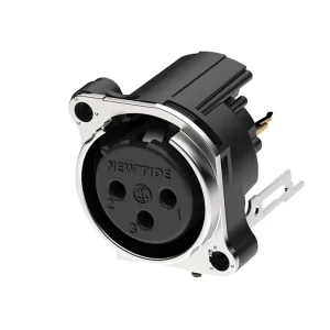 Newtide XRB0474-3P-0 3-pole XLR male chassis connector with retention spring (no latch) and EMC shielding, vertical PCB mount, thermoplastic housing.
