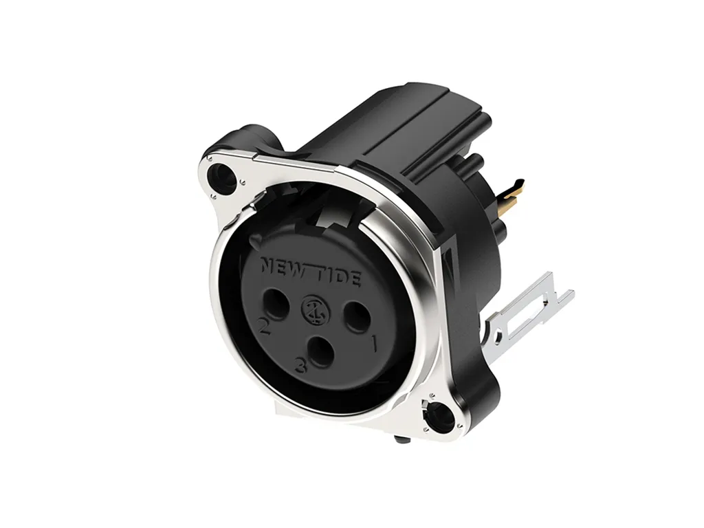 Newtide XRB0474-3P-0 3-pole XLR male chassis connector with retention spring (no latch) and EMC shielding, vertical PCB mount, thermoplastic housing.