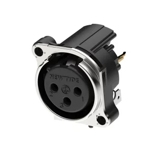 Newtide XRB0474-3P1-0 3-pole XLR male chassis connector with retention spring (no latch) and EMC shielding, vertical PCB mount, thermoplastic housing.