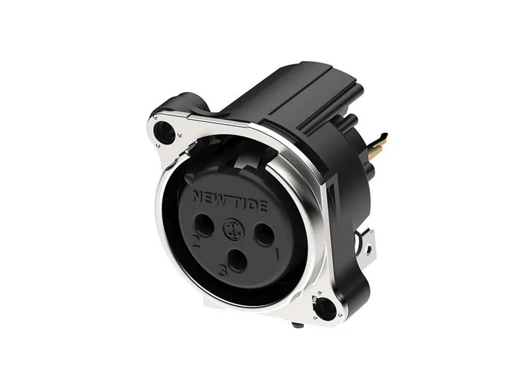 Newtide XRB0474-3P1-0 3-pole XLR male chassis connector with retention spring (no latch) and EMC shielding, vertical PCB mount, thermoplastic housing.