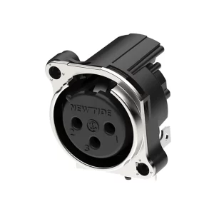 Newtide XRA0475-3P-0 3-pole XLR female chassis connector with retention spring (no latch) and EMC shielding, horizontal PCB mount (90 degree), thermoplastic housing.