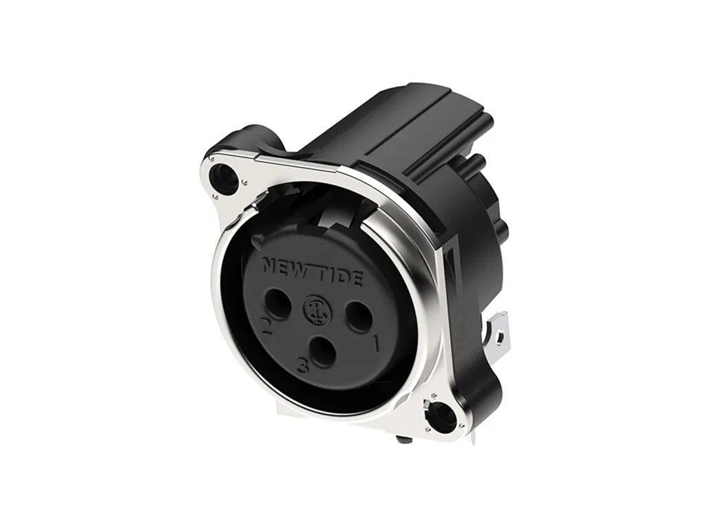 Newtide XRA0475-3P-0 3-pole XLR female chassis connector with retention spring (no latch) and EMC shielding, horizontal PCB mount (90 degree), thermoplastic housing.