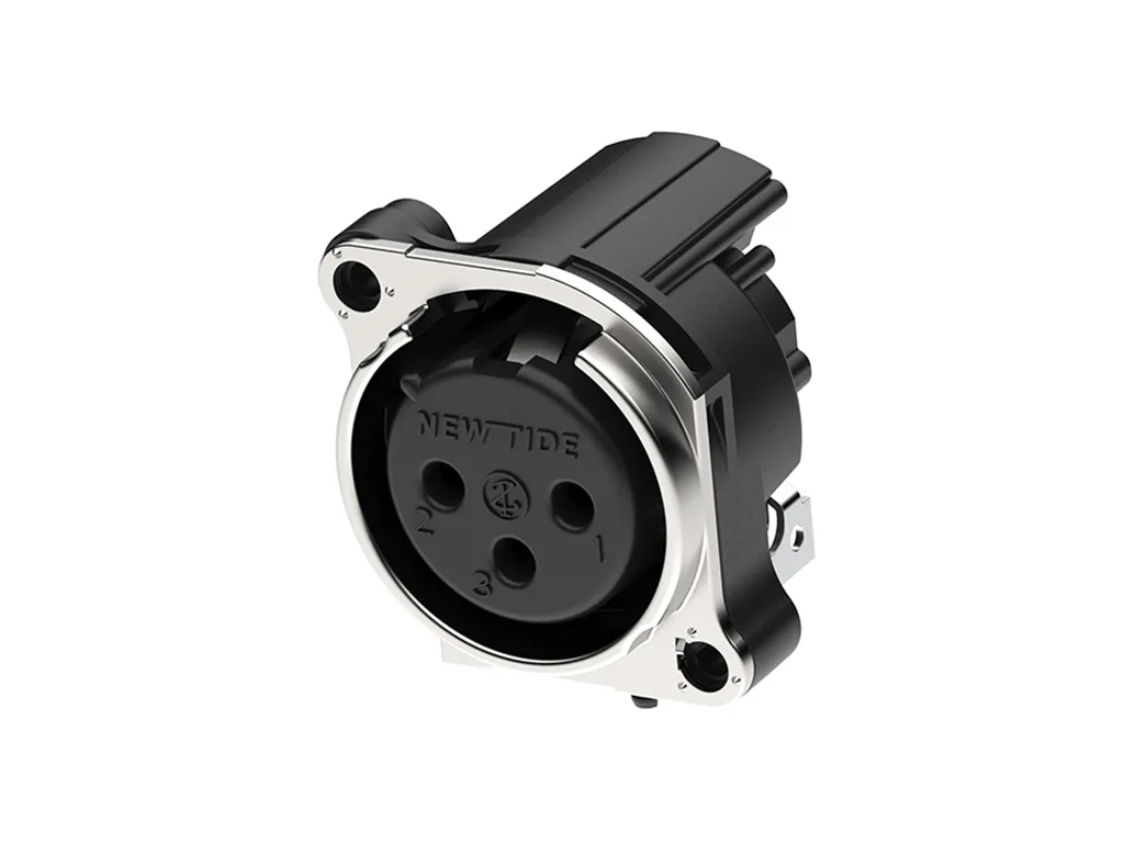 Newtide XRA0475-3P1-0 3-pole XLR female chassis connector with retention spring (no latch) and EMC shielding, horizontal PCB mount (90 degree), thermoplastic housing.