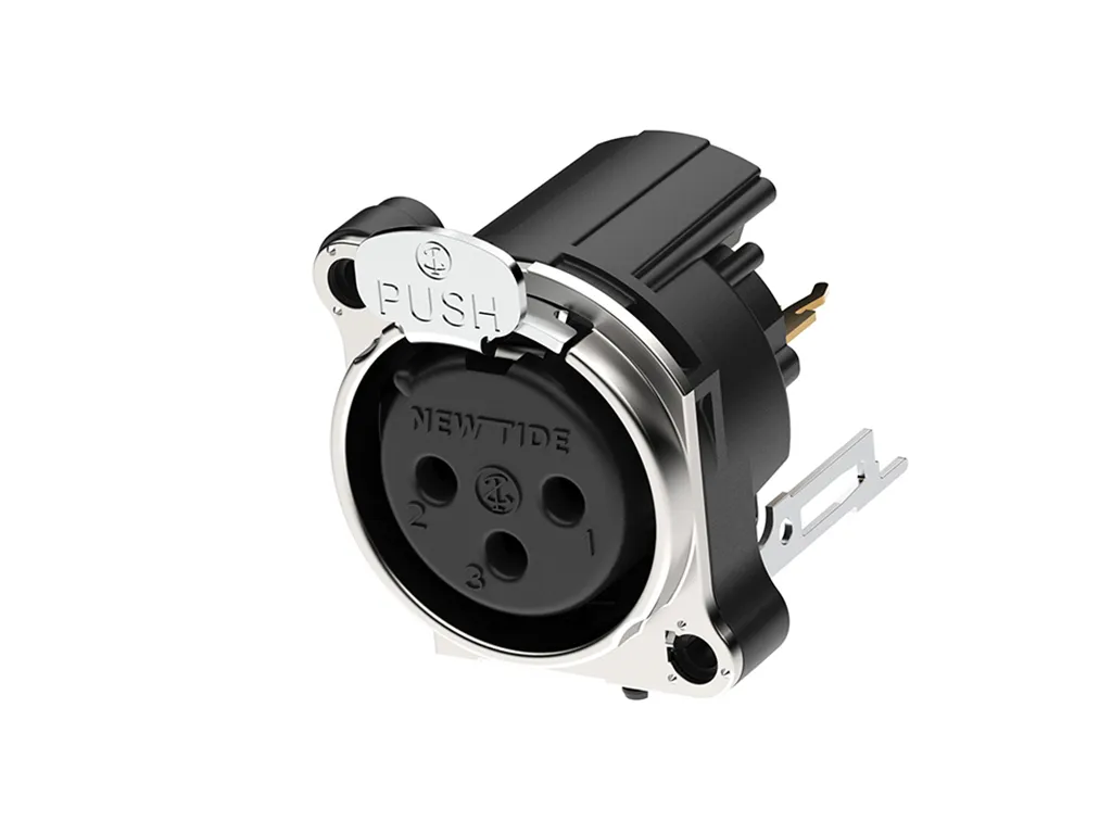 Newtide XRB0474-3P 3-pole XLR male chassis connector with push locking latch and EMC shielding, vertical PCB mount, thermoplastic housing.
