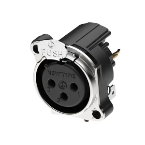 Newtide XRB0474-3P1 3-pole XLR male chassis connector with push locking latch and EMC shielding, vertical PCB mount, thermoplastic housing.