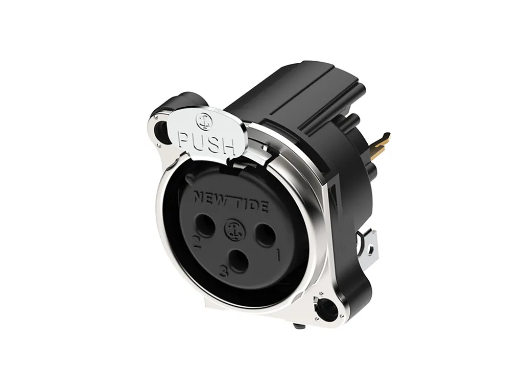 Newtide XRB0474-3P1 3-pole XLR male chassis connector with push locking latch and EMC shielding, vertical PCB mount, thermoplastic housing.