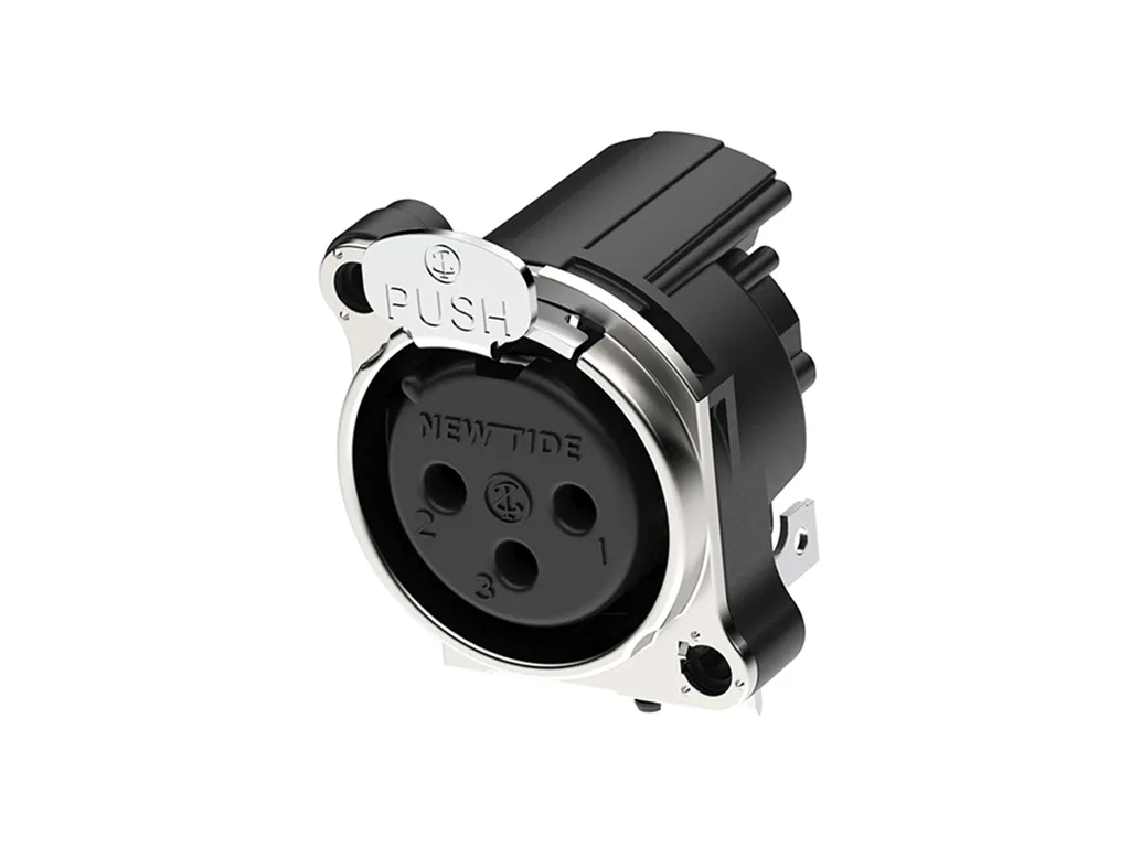 Newtide XRA0475-3P 3-pole XLR female chassis connector with push locking latch and EMC shielding, horizontal PCB mount (90 degree), thermoplastic housing.