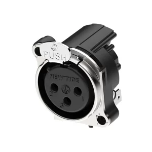 Newtide XRA0475-3P1 3-pole XLR female chassis connector with push locking latch and EMC shielding, horizontal PCB mount (90 degree), thermoplastic housing.