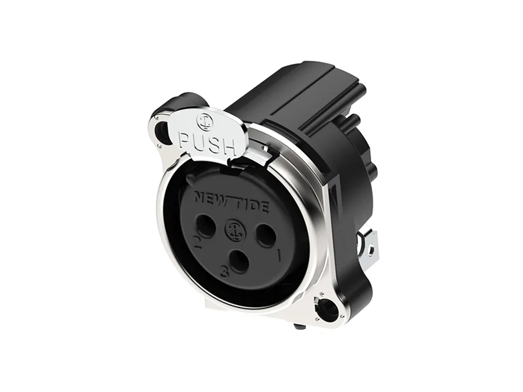 Newtide XRA0475-3P1 3-pole XLR female chassis connector with push locking latch and EMC shielding, horizontal PCB mount (90 degree), thermoplastic housing.