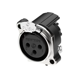 Newtide XRA0475-3P1-E 3-pole XLR female chassis connector with push locking latch and EMC shielding, horizontal PCB mount (90 degree), thermoplastic housing.