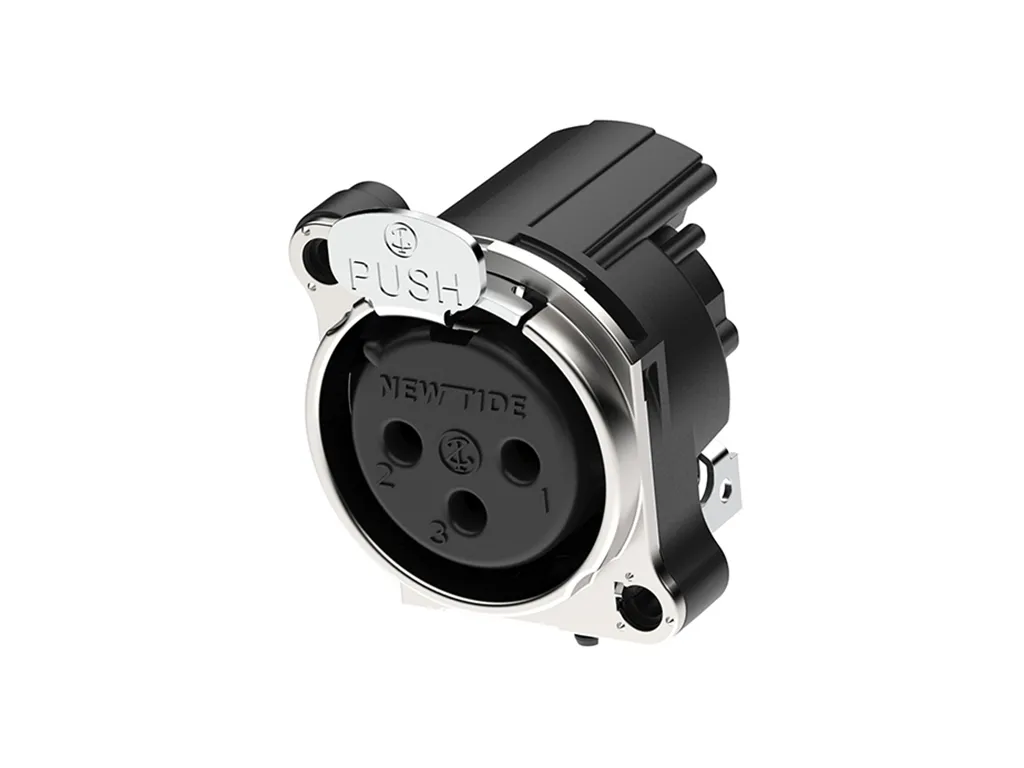 Newtide XRA0475-3P1-E 3-pole XLR female chassis connector with push locking latch and EMC shielding, horizontal PCB mount (90 degree), thermoplastic housing.