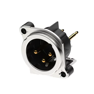 Newtide XRB0484-3P 3-pole XLR male chassis connector with EMC shielding , vertical PCB mount , thermoplastic housing.