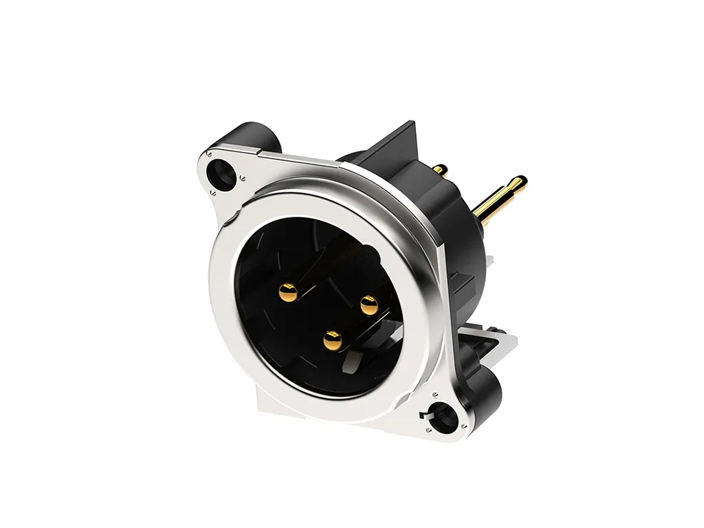 Newtide XRB0484-3P 3-pole XLR male chassis connector with EMC shielding , vertical PCB mount , thermoplastic housing.