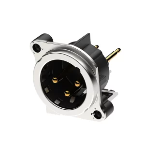 Newtide XRB0484-3P-E 3-pole XLR male chassis connector with EMC shielding , vertical PCB mount , thermoplastic housing.