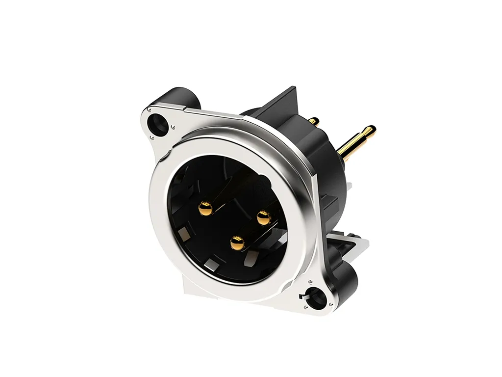 Newtide XRB0484-3P-E 3-pole XLR male chassis connector with EMC shielding , vertical PCB mount , thermoplastic housing.