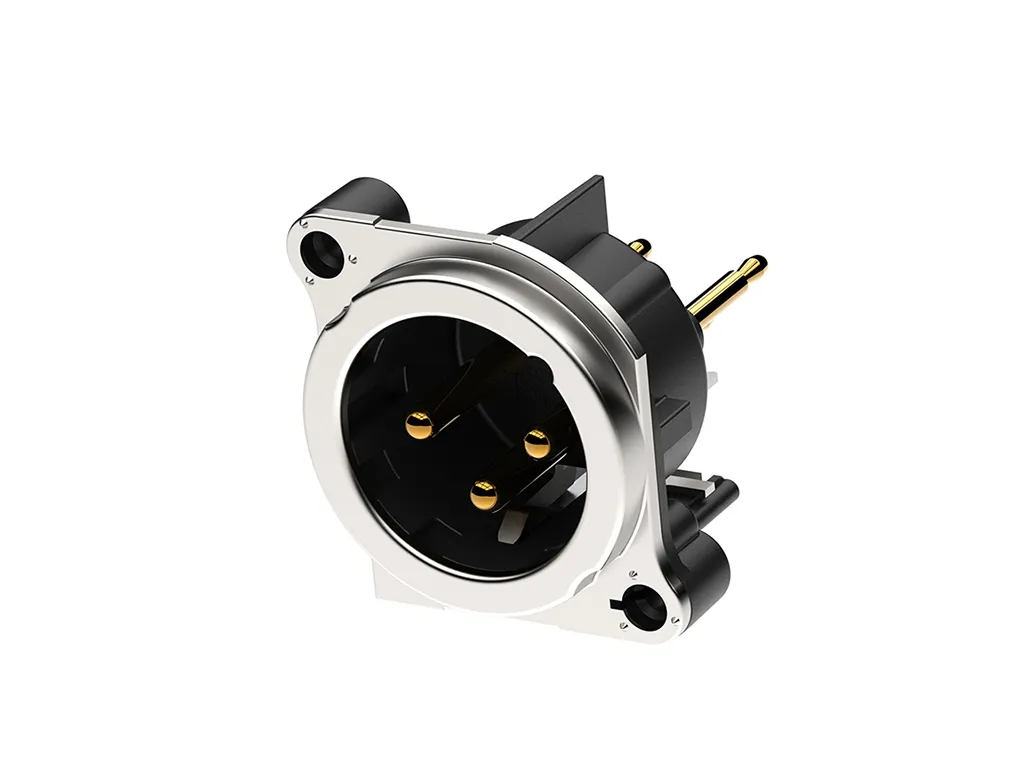 Newtide XRB0484-3P1 3-pole XLR male chassis connector with EMC shielding , vertical PCB mount , thermoplastic housing.