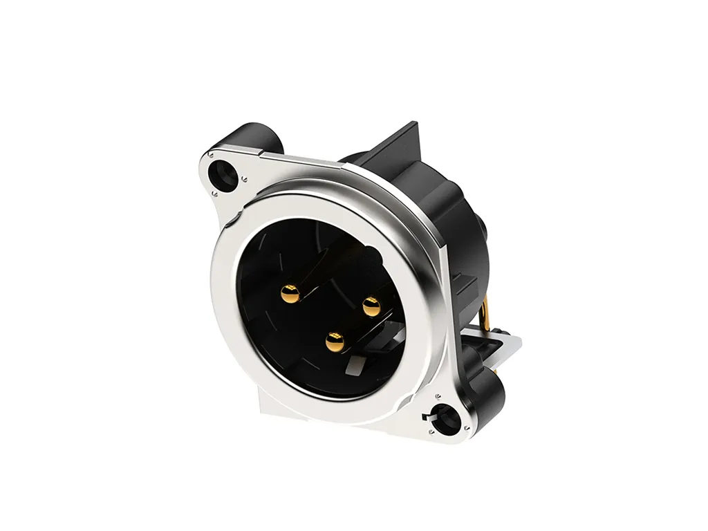 Newtide XRB0485-3P 3-pole XLR male chassis connector with EMC shielding, horizontal PCB mount , thermoplastic housing.