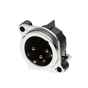 Newtide XRB0485-3P-E 3-pole XLR male chassis connector with EMC shielding, horizontal PCB mount , thermoplastic housing.