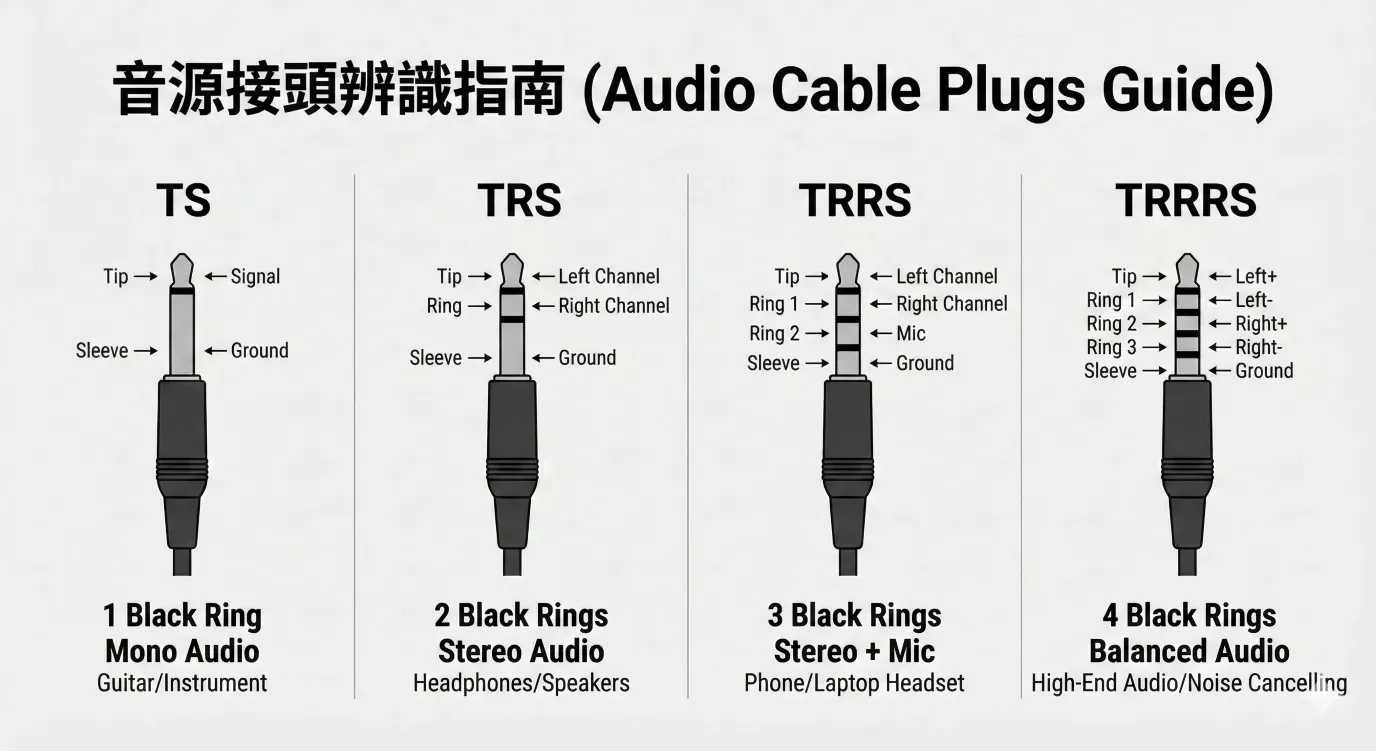 Audio jack pinout diagram explaining TS, TRS, TRRS, and TRRRS wiring for balanced audio.
