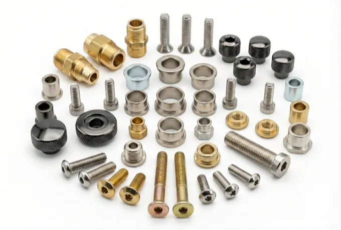 Assorted connector parts and fasteners featuring gold, nickel, and silver plating for enhanced signal conductivity.