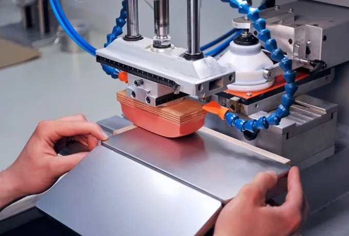 移印機將商標轉印至圓柱形連接器的曲面上。