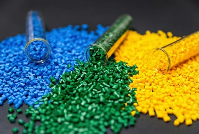 Colorful plastic pellets, raw material for manufacturing precision connector insulators and electronic housings.