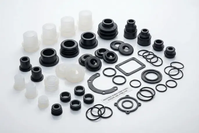 Assorted custom rubber components including cable boots, strain reliefs, and gaskets for cable assemblies.