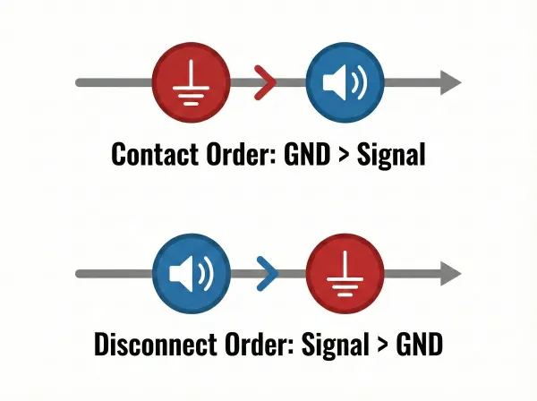 A diagram illustrating the contact and disconnect sequences for electronic connectors. The top section, labeled "接觸順序：GND > 訊號" (Contact Order: GND > Signal), shows the red ground (GND) icon connecting before the blue audio signal icon. The bottom section, labeled "斷開順序：訊號 > GND" (Disconnect Order: Signal > GND), shows the blue audio signal icon disconnecting before the red ground (GND) icon. This demonstrates a "First Mate, Last Break" grounding protection mechanism.