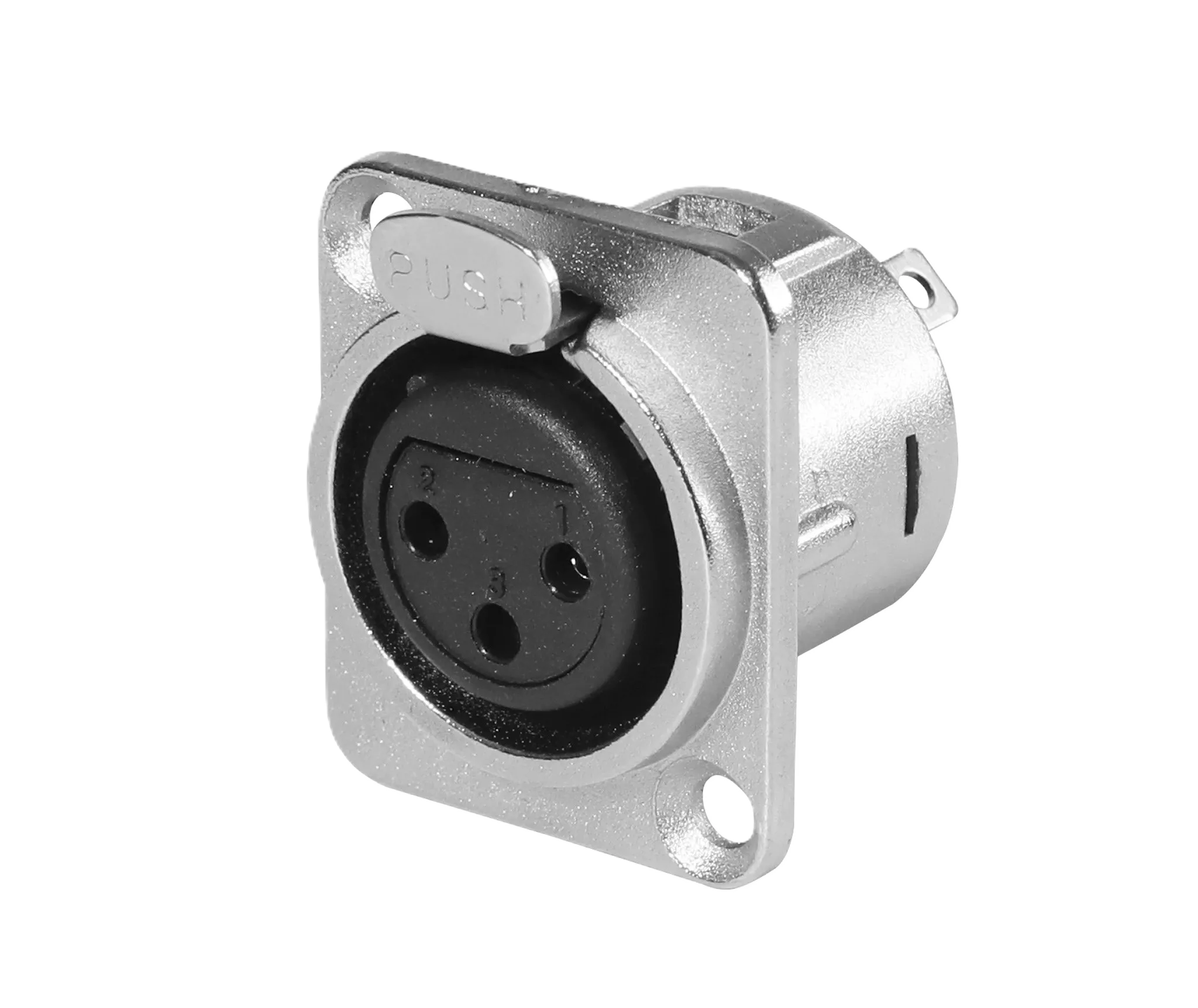 Nickel-3-Pin XLR female chassis connector with push locking latch and square flange.