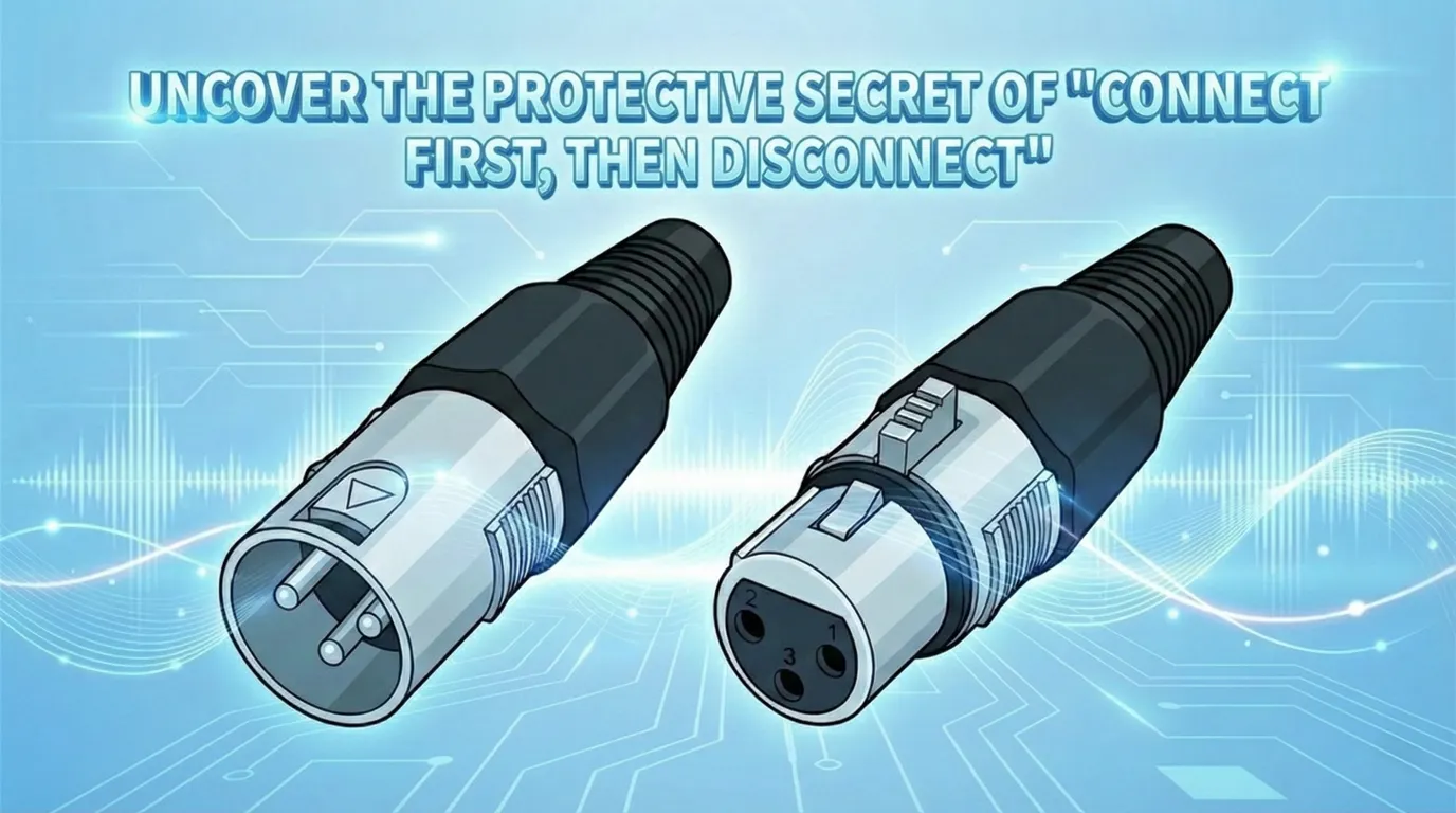 Image showing two XLR audio connectors (male and female) on a blue circuit board background, with text 'UNVEIL THE 'MAKE-BEFORE-BREAK' PROTECTION SECRET' above.
