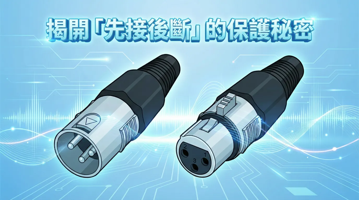 一張藍色調的科技風格圖片，前景有兩個XLR麥克風接頭，上方標題文字寫著要揭開「先接後斷」的保護秘密。