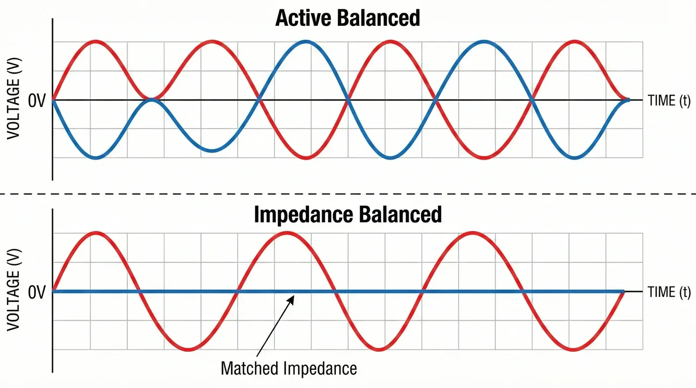 Oscilloscope view comparing Active Balanced vs. Impedance Balanced signals. The bottom graph illustrates that Impedance Balanced outputs keep the Cold leg at 0V but maintain Matched Impedance for noise rejection.
