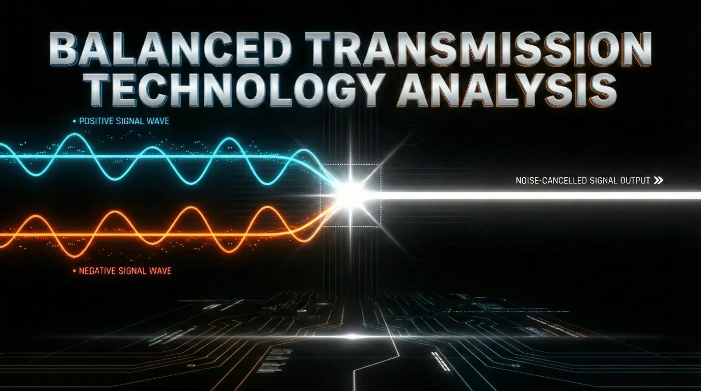Cover art for Balanced Transmission: A Technical Deep Dive. Minimalist tech visualization showing symmetrical positive (cyan) and inverted negative (orange) signal waveforms converging to cancel out common-mode noise, resulting in a pure white output signal beam.